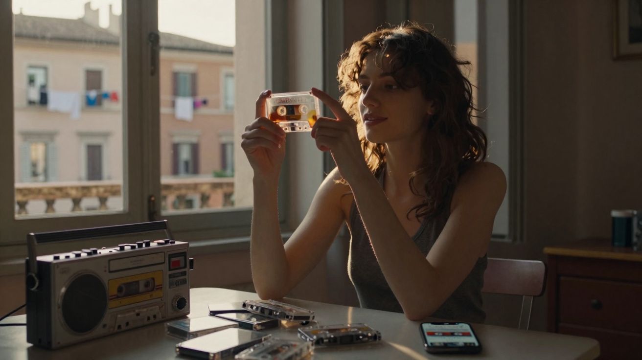 Mulher sentada a examinar uma cassete antiga com rádio cassete e smartphone sobre mesa em luz natural.