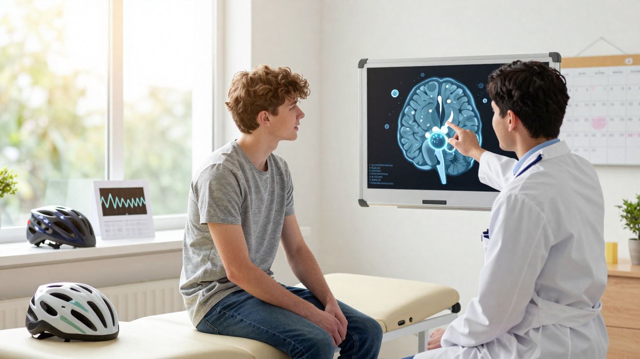 Médico explica exame cerebral a adolescente numa consulta médica com capacetes de bicicleta na sala.
