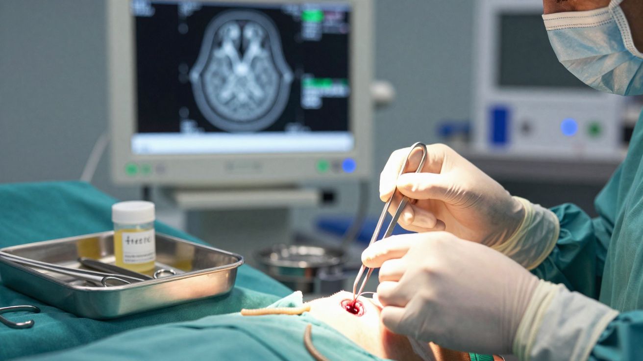 Cirurgião em operação cerebral com imagem de ressonância magnética exibida num monitor ao fundo.