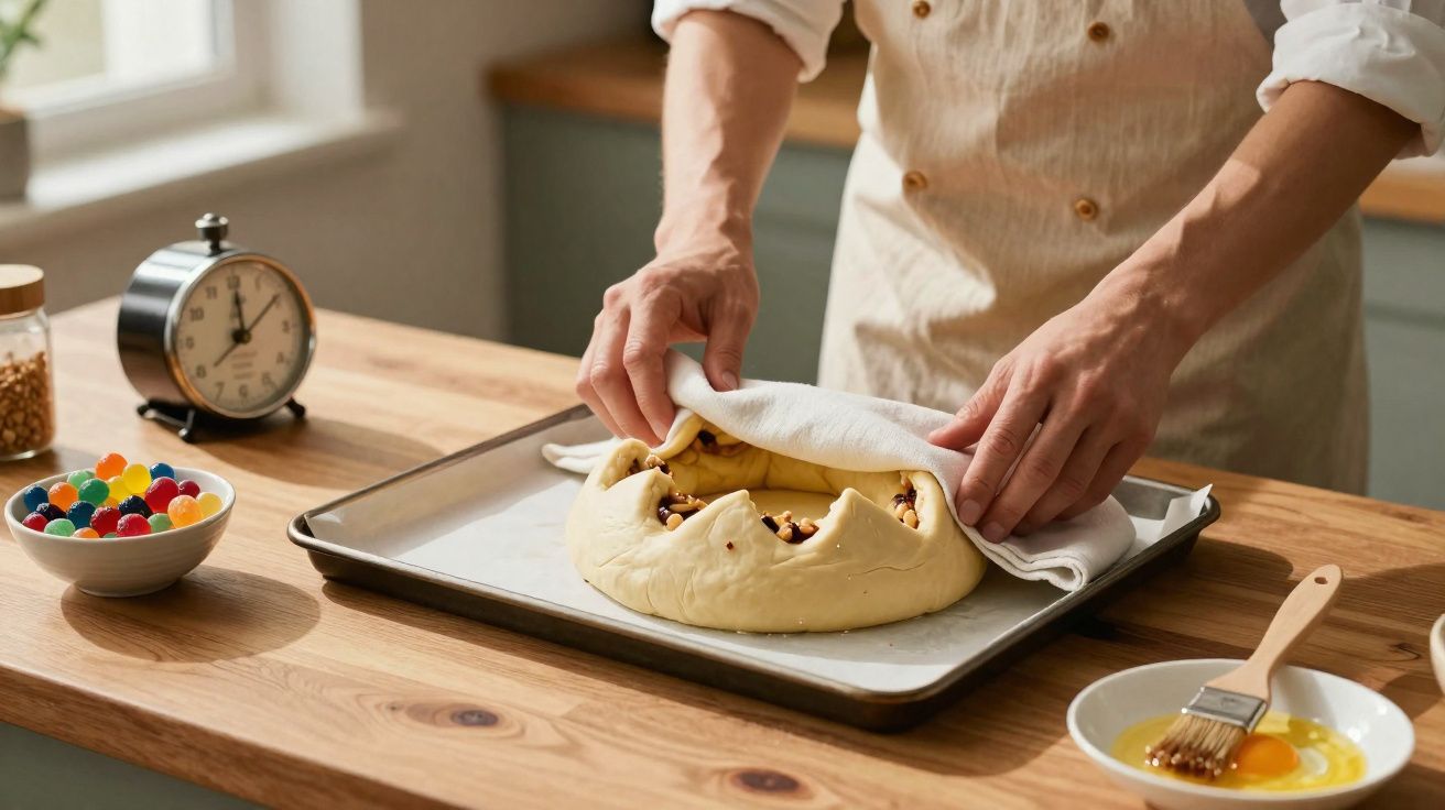 Pessoa cobre massa de bolo com pano numa tabuleiro de metal numa cozinha iluminada.