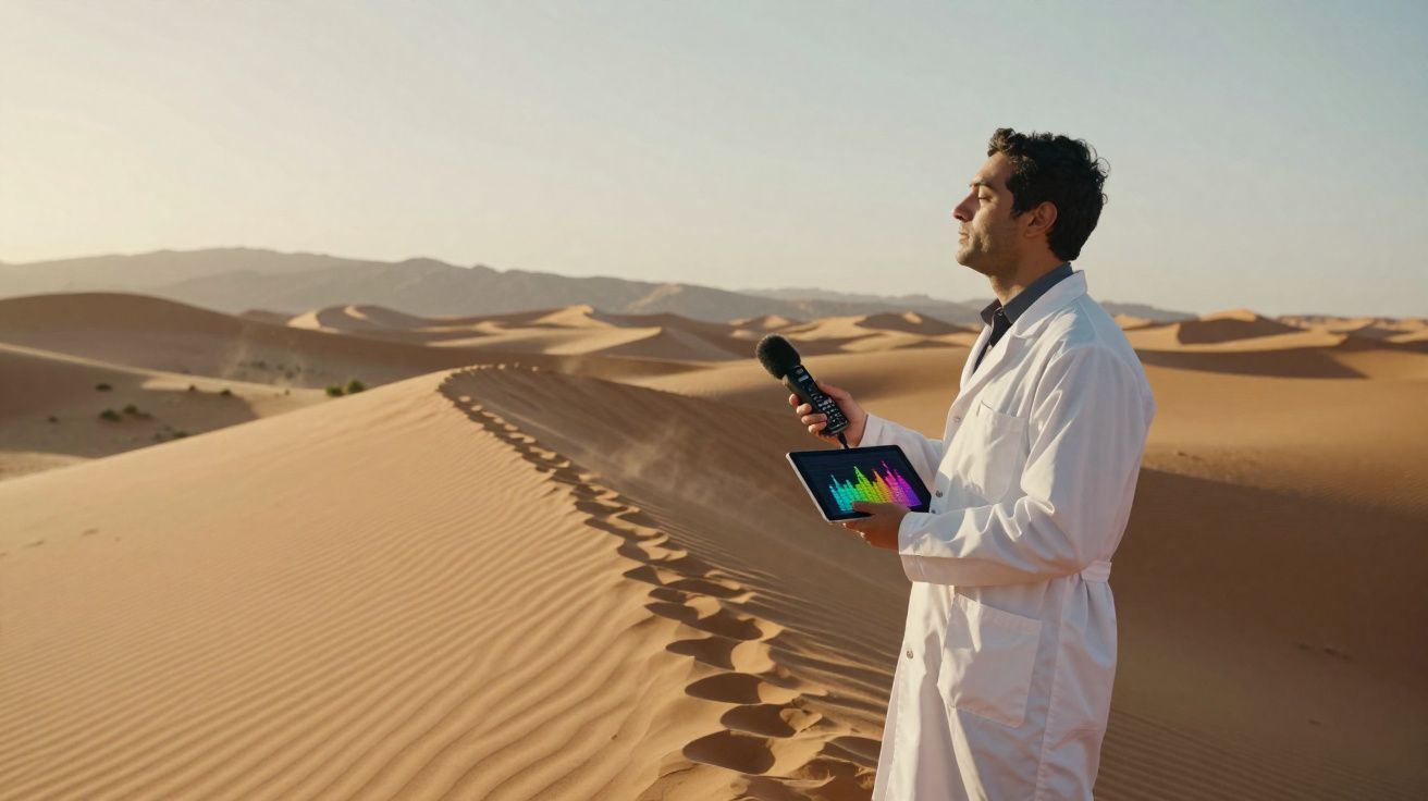 Homem de bata branca segura medidor e tablet com gráfico colorido no deserto de areias ondulantes.