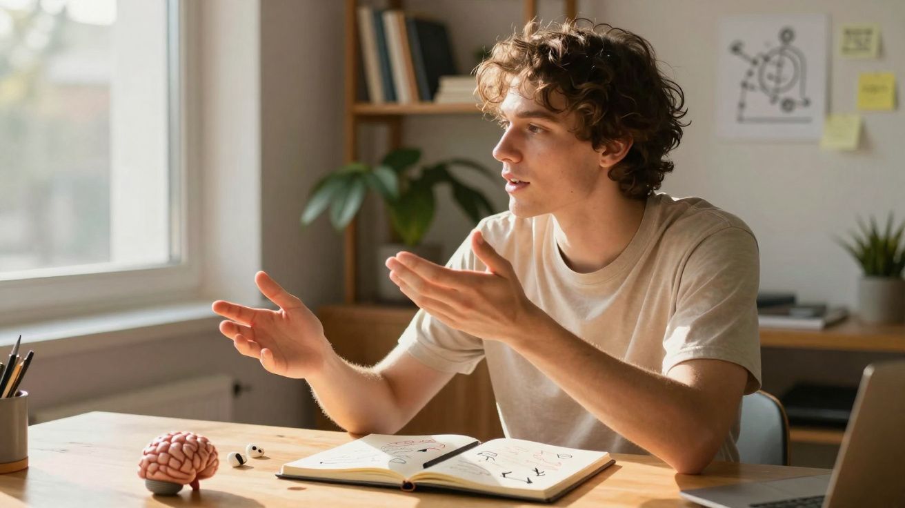 Jovem sentado à mesa a explicar algo com caderno aberto e modelo de cérebro em ambiente de estudo iluminado.