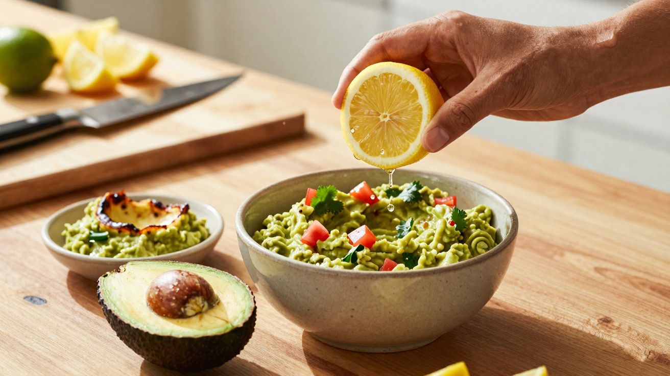 Mão a espremer limão sobre tigela de puré de abacate com tomate e coentros, abacate cortado ao lado.