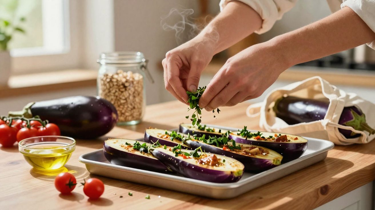 Mãos a polvilhar ervas frescas em beringelas recheadas numa tabuleiro numa cozinha iluminada.