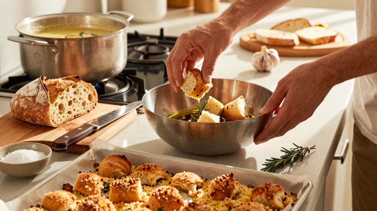 Mãos a mergulhar pedaços de pão em azeite e ervas numa tigela na cozinha com pão e croissants ao fundo.