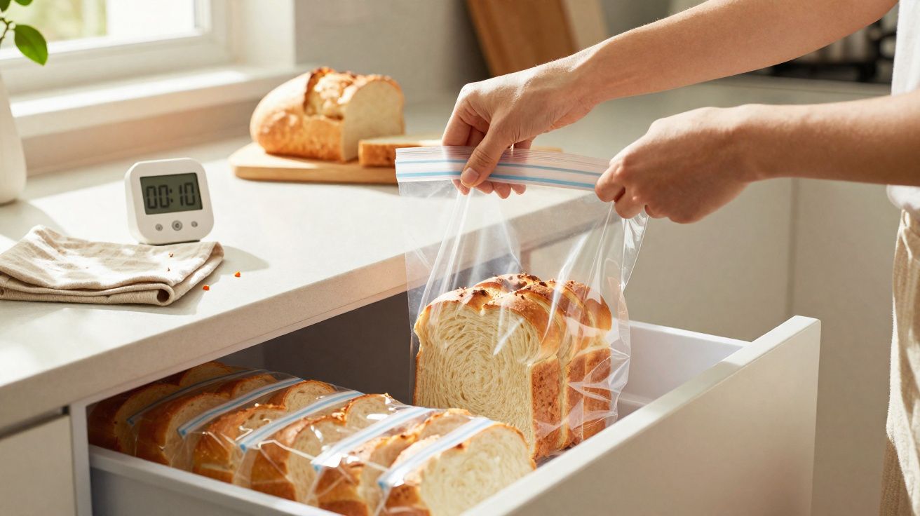 Pessoa a guardar pão fatiado em saco de plástico numa gaveta de cozinha com várias embalagens semelhantes.