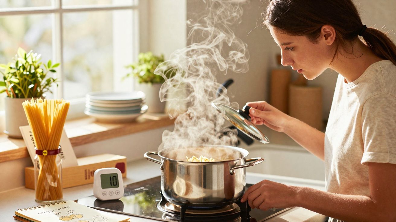 Mulher a cozinhar esparguete na cozinha com vapor a sair da panela no fogão.