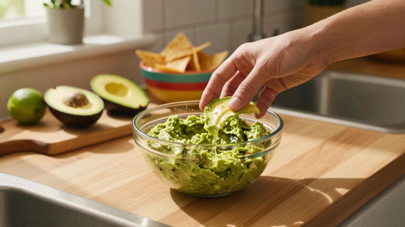 Mão a mergulhar uma fatia de abacate num recipiente com guacamole numa bancada de cozinha.