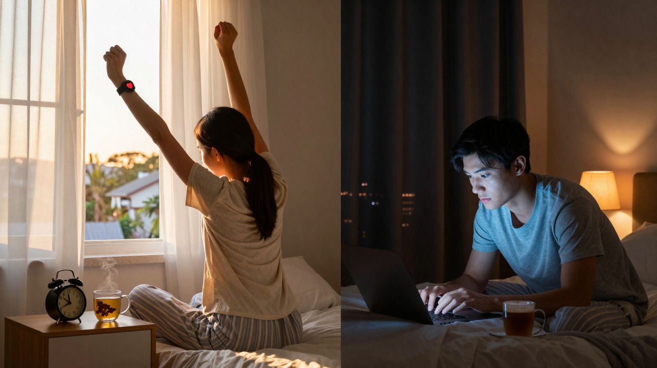 Mulher a espreguiçar-se ao amanhecer e homem a trabalhar no computador à noite na cama.