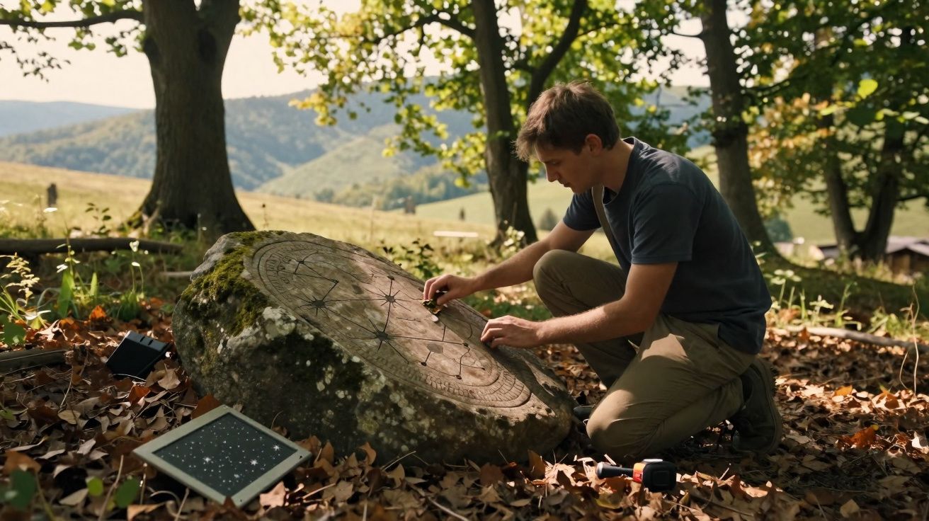 Homem examina pedra antiga com símbolos gravados, rodeado de folhas secas e árvores num campo.