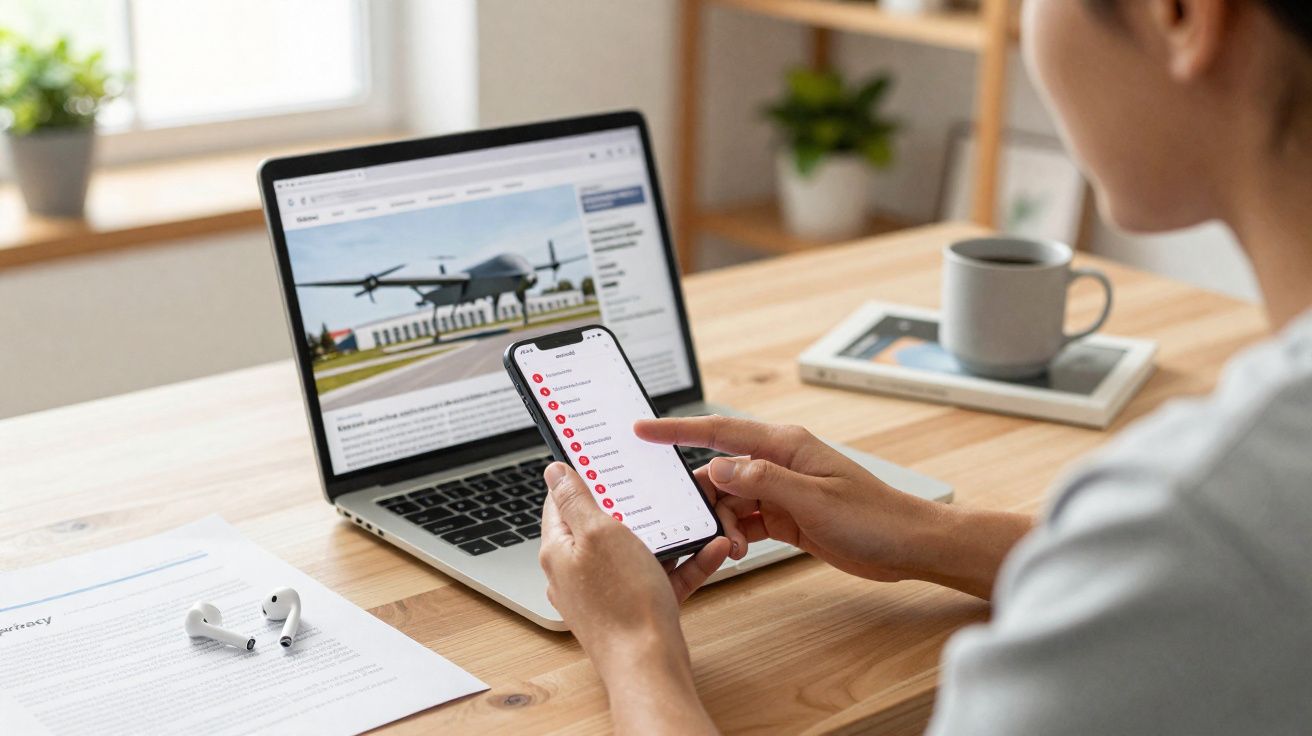 Pessoa a ver o telemóvel com lista de contactos e um computador com notícia de drone numa secretária organizada.