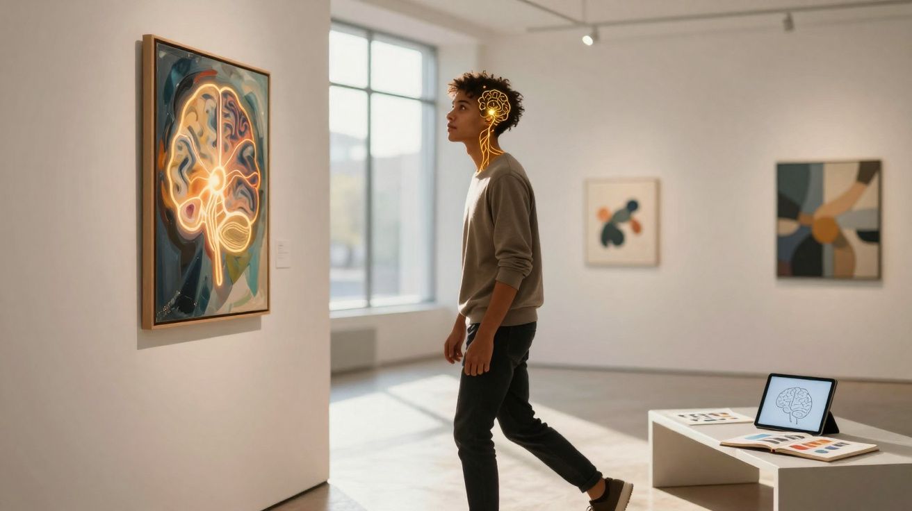 Pessoa numa galeria a observar uma pintura de cérebro, com gráfico cerebral sobreposto na cabeça.