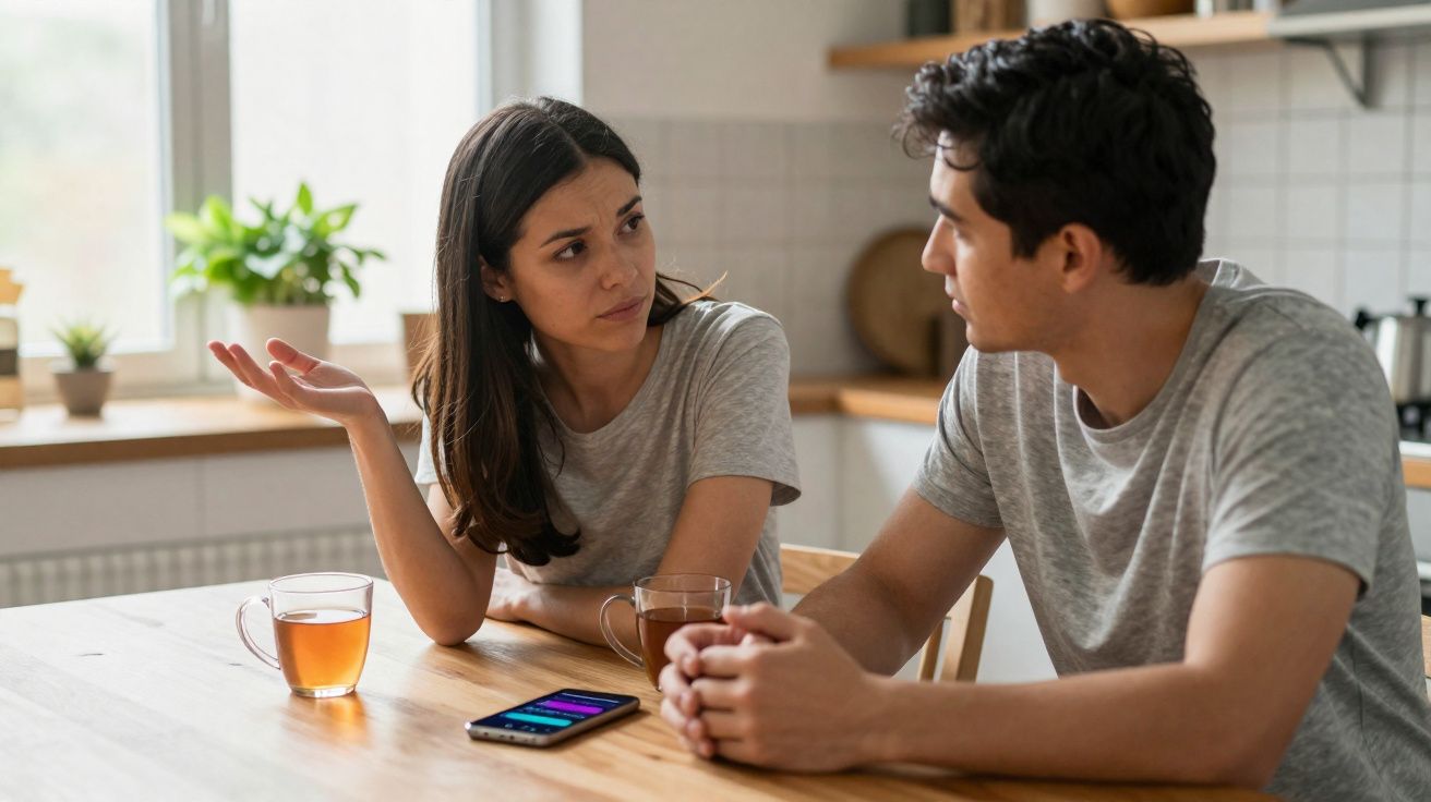 Casal sentado à mesa da cozinha a conversar com expressão séria, com chá e telemóvel à sua frente.
