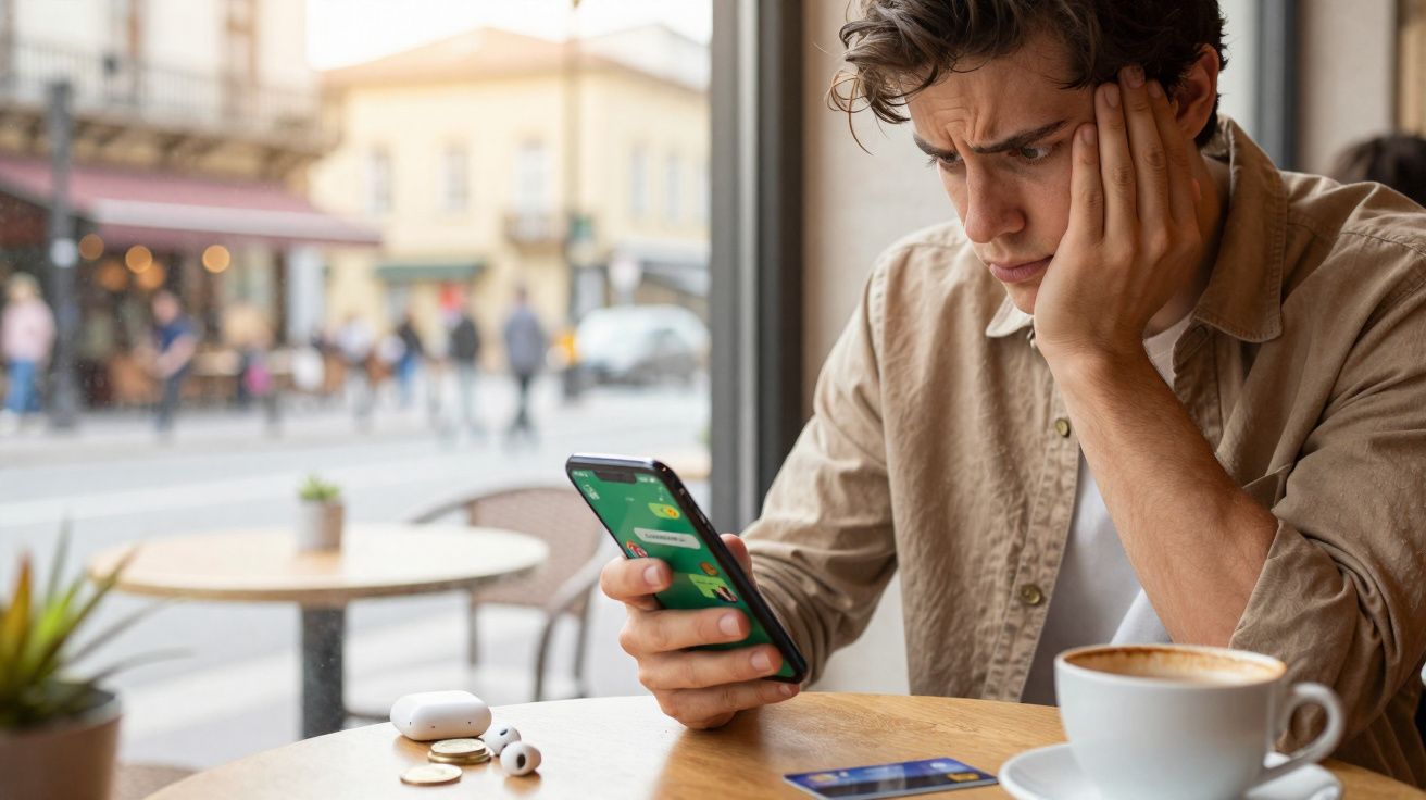 Homem preocupado sentado num café, olhando para o telemóvel com expressão fechada.