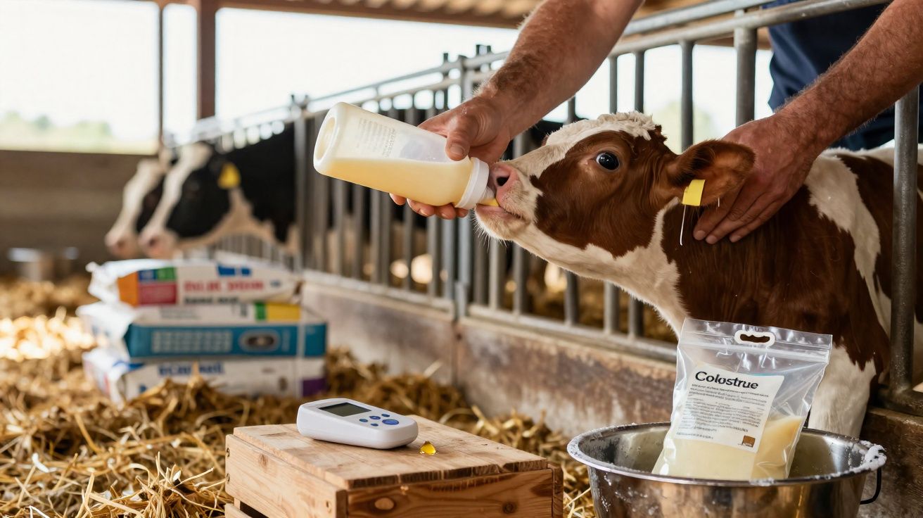 Bezerro moreno a ser alimentado com biberão por uma mão humana numa cubeta numa exploração agrícola.