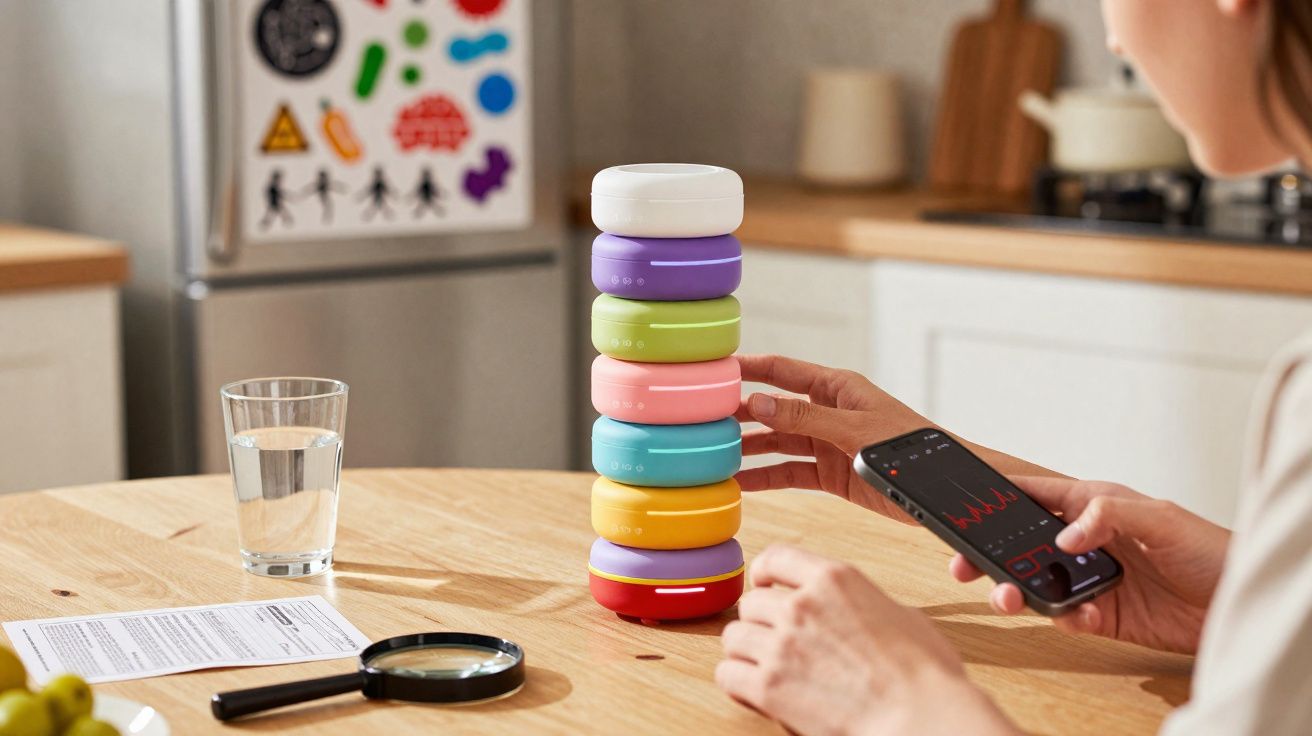 Pessoa na cozinha usando telemóvel ao lado de torre colorida de dispositivos eletrónicos numa mesa de madeira.