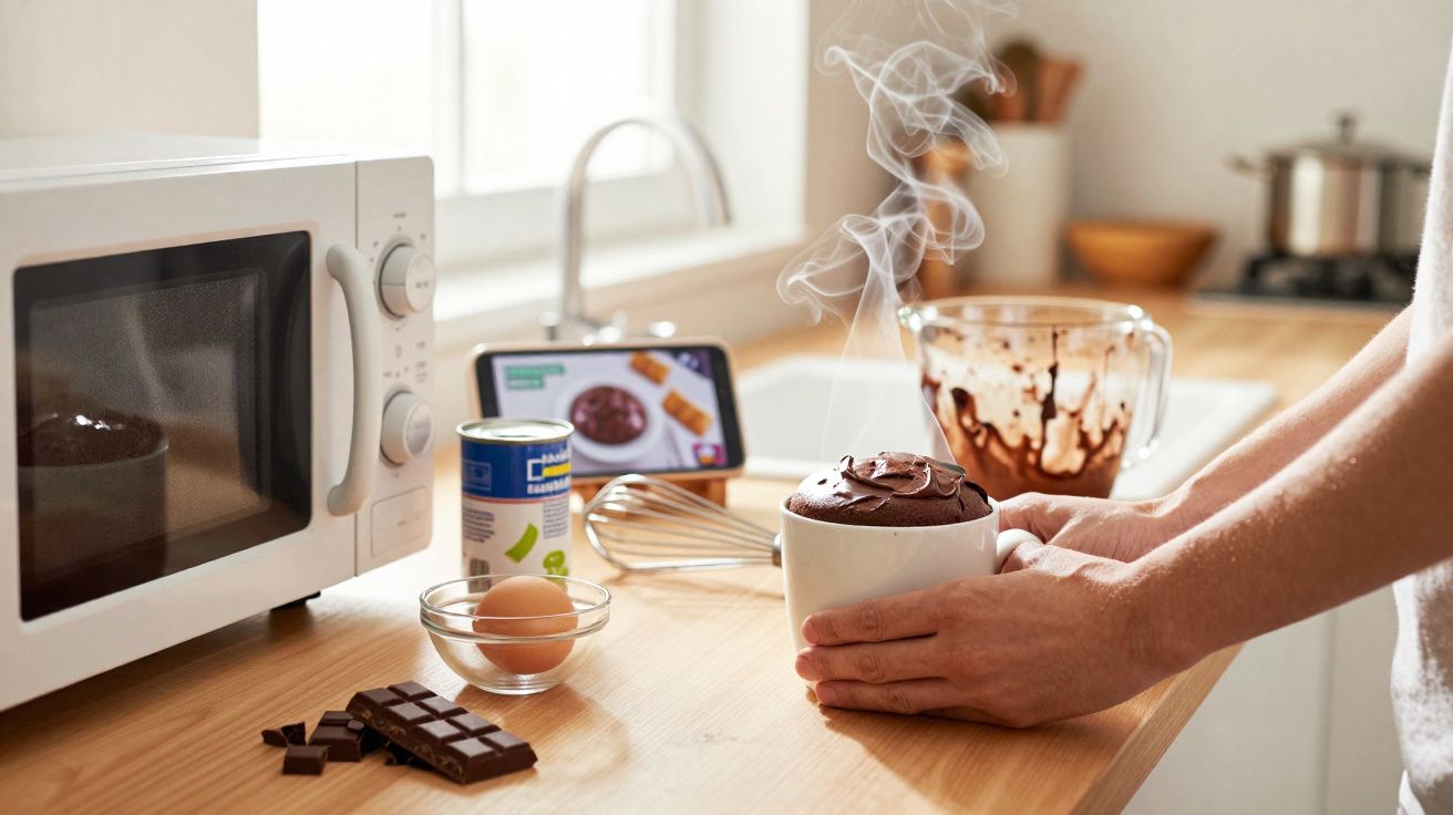 Pessoa segura caneca com bolo de chocolate acabado de fazer, rodeada de ingredientes e micro-ondas na cozinha.