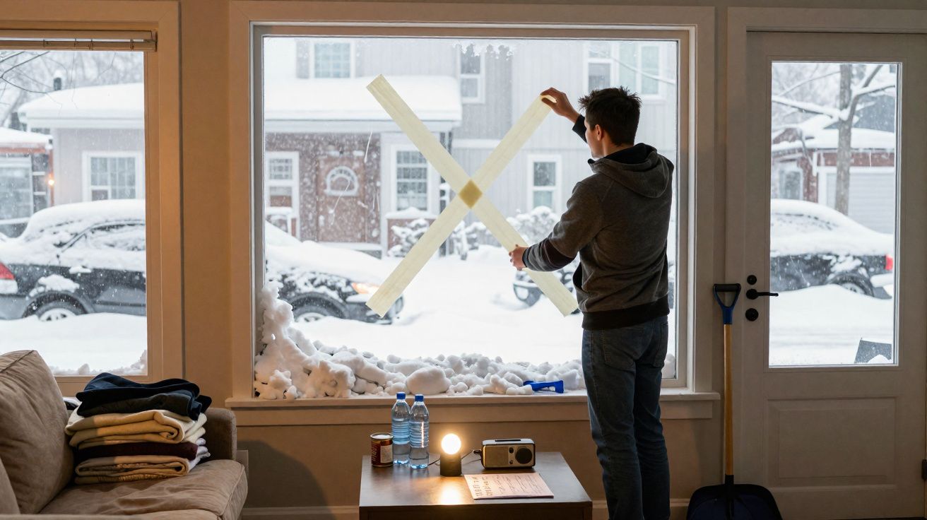 Homem cola fita em X na janela de casa durante tempestade de neve com carros cobertos de neve do lado de fora.