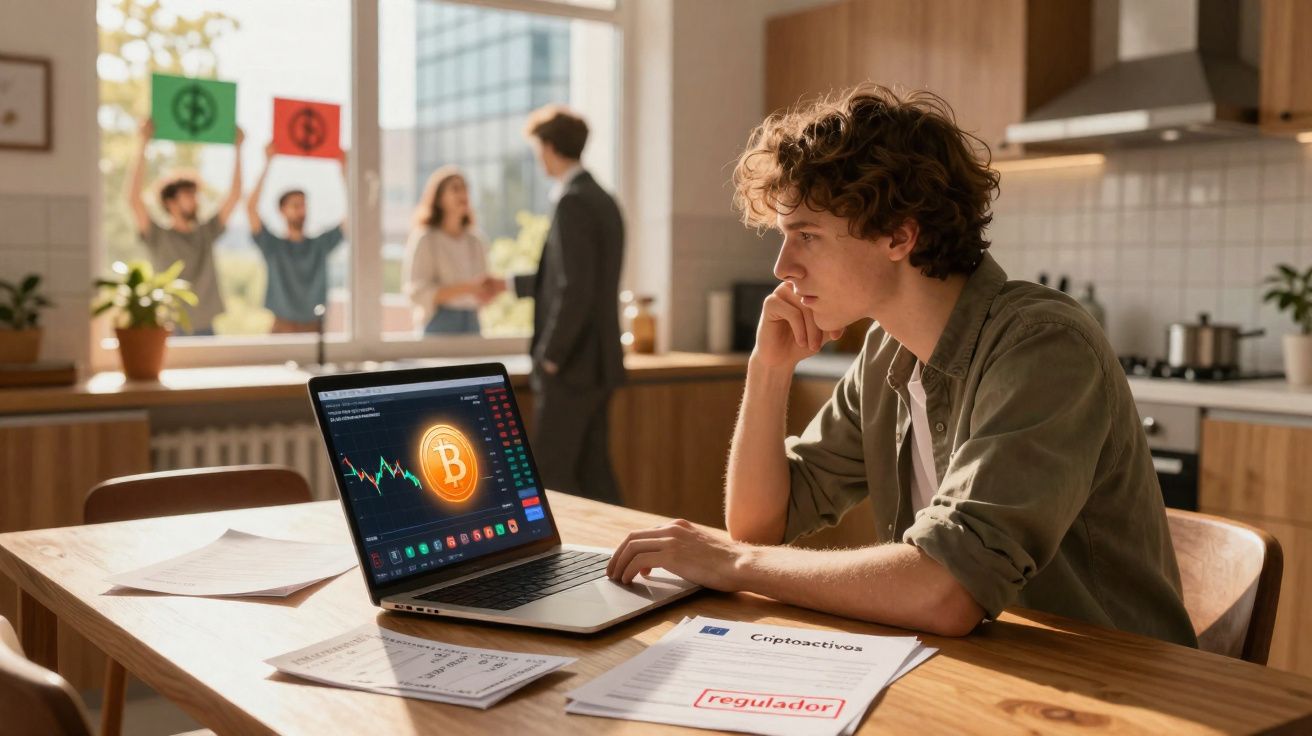 Jovem sentado a trabalhar no computador com gráfico de Bitcoin, papéis sobre regulação de criptomoedas, e grupo ao fundo.
