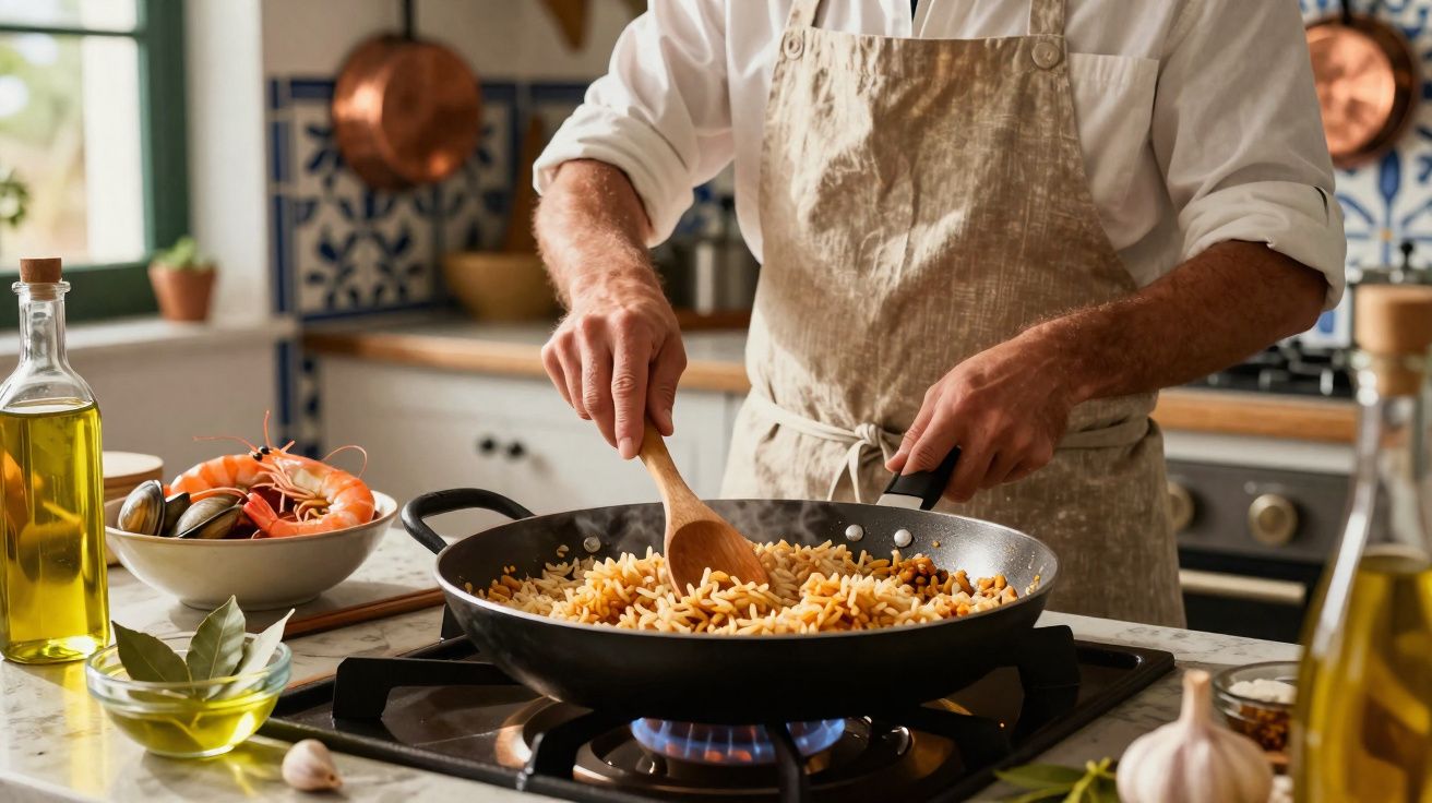 Pessoa a cozinhar massa numa frigideira numa cozinha com vários ingredientes ao redor.