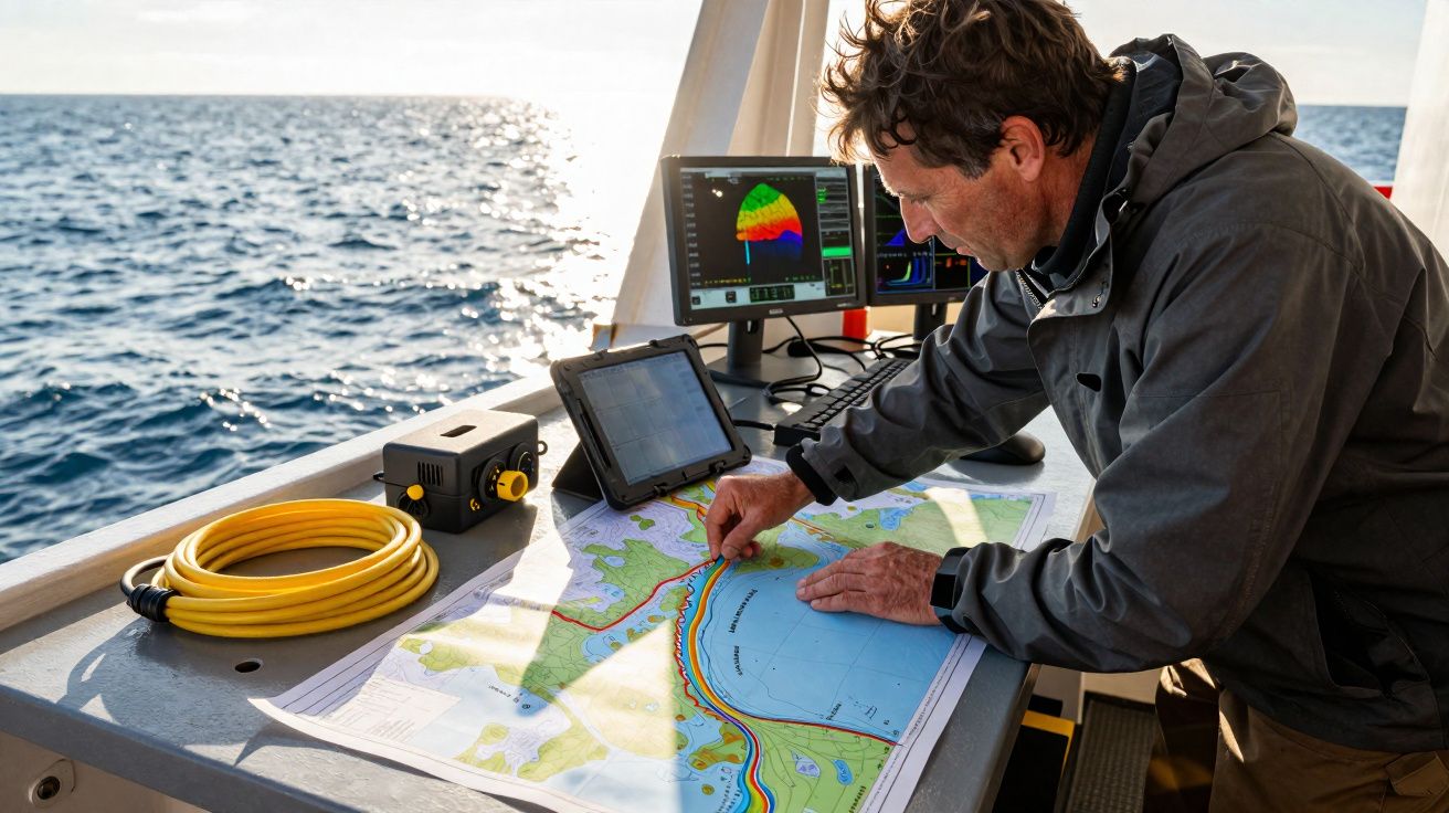 Homem a traçar uma rota num mapa náutico a bordo de um barco, com mar ao fundo e equipamento tecnológico.
