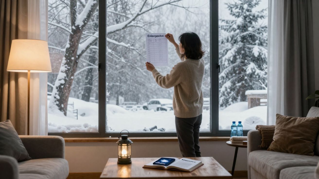 Pessoa a colocar lista na janela com neve visível, sala acolhedora com sofá, candeeiro e garrafas de água.