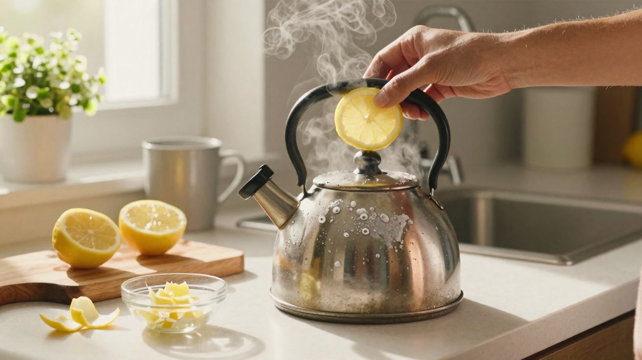 Mão a colocar fatia de limão numa chaleira metálica a ferver numa cozinha iluminada.
