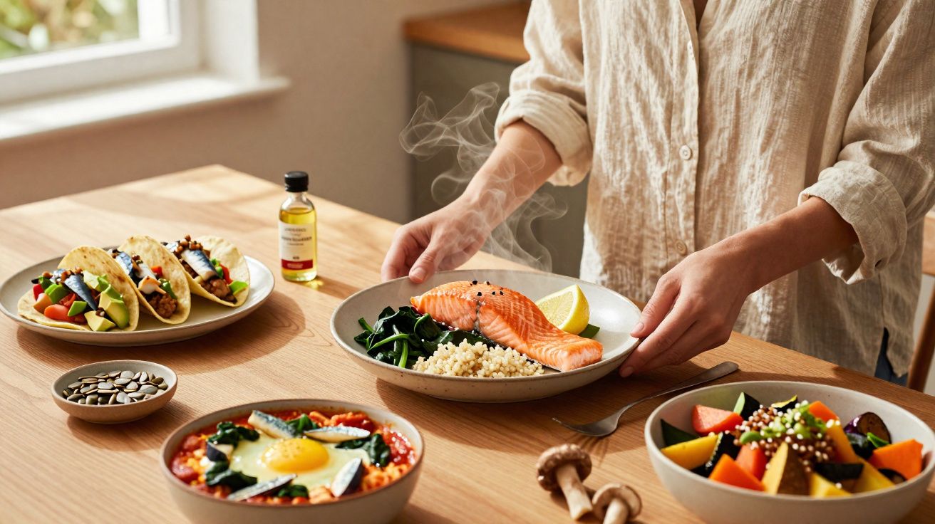 Mão a servir prato fumegante com salmão, quinoa e espinafres, ao lado de tacos, sopa e salada colorida na mesa.