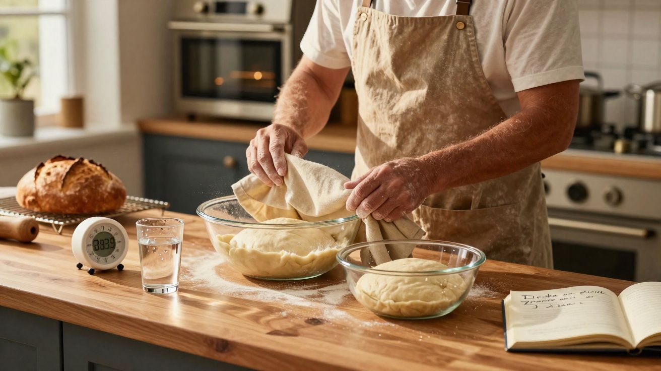 Pessoa com avental a preparar massa em tigelas de vidro numa cozinha com pão e livro de receitas.