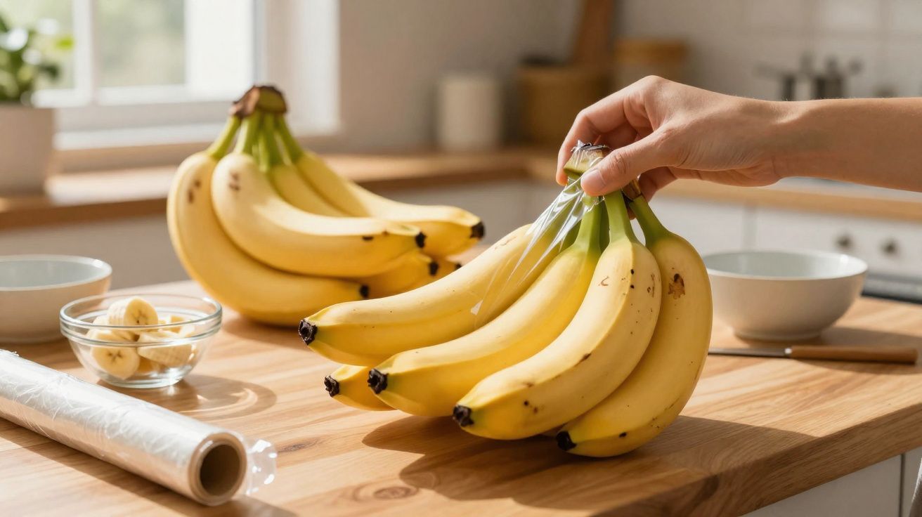 Mão segurando um cacho de bananas maduras sobre bancada de madeira numa cozinha iluminada.