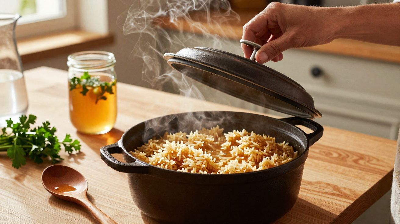 Mãos a levantar tampa de panela preta com arroz a fumegar numa cozinha iluminada e detalhes de ervas e bebida.