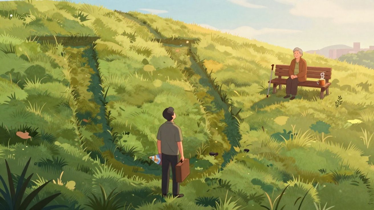 Ancião sentado num banco de parque com chá, jovem com pasta observa pegada gigante na relva.