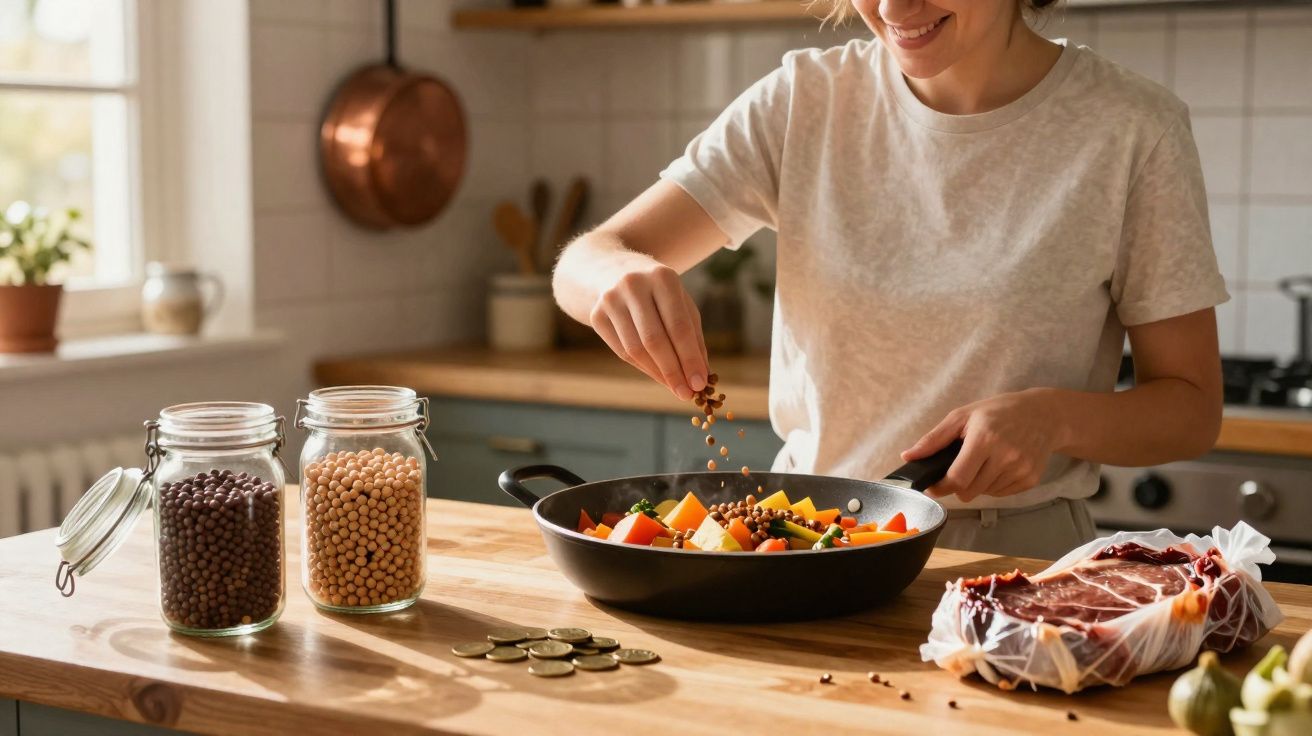 Mulher a temperar legumes numa frigideira na cozinha com frascos de especiarias e carne à parte.