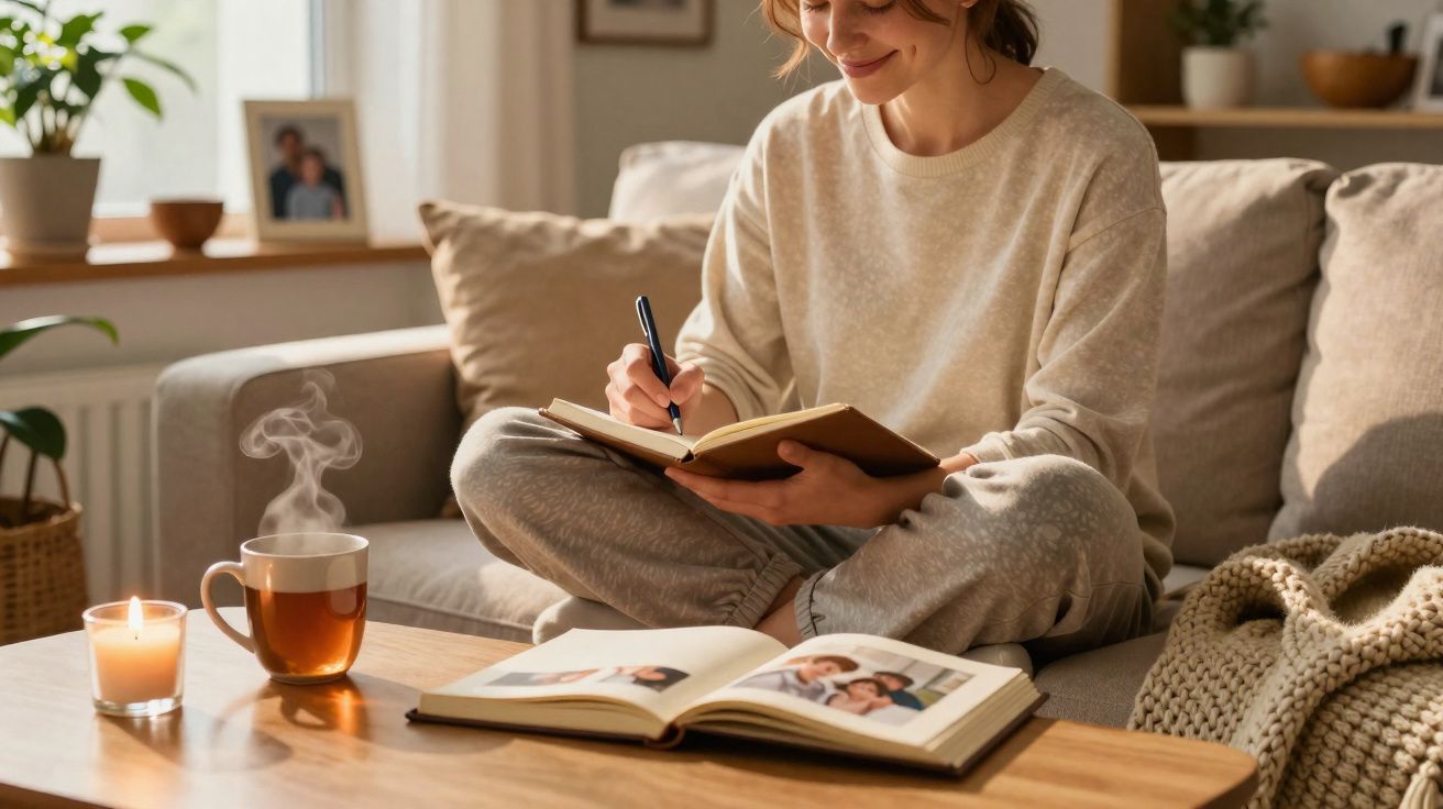 Mulher sentada no sofá a escrever num caderno, com chá quente e vela acesa na mesa de madeira.