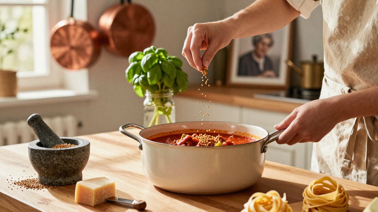 Pessoa tempera molho de tomate num tacho branco numa cozinha com manjericão e massa fresca na bancada.