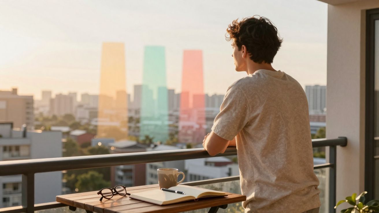 Homem de camisola bege olha para a cidade ao pôr do sol numa varanda com mesa e objetos pessoais.