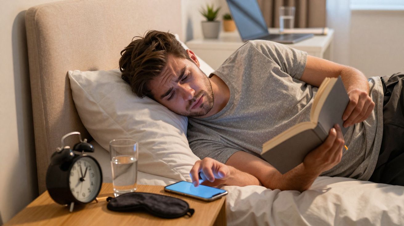 Homem deitado na cama lê um livro e usa telemóvel, com despertador, copo de água e máscara para dormir na mesa de cabeceira.