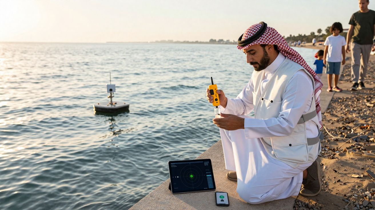 Homem em traje tradicional árabe analisa dados perto de mar com equipamentos eletrónicos ao pôr do sol.