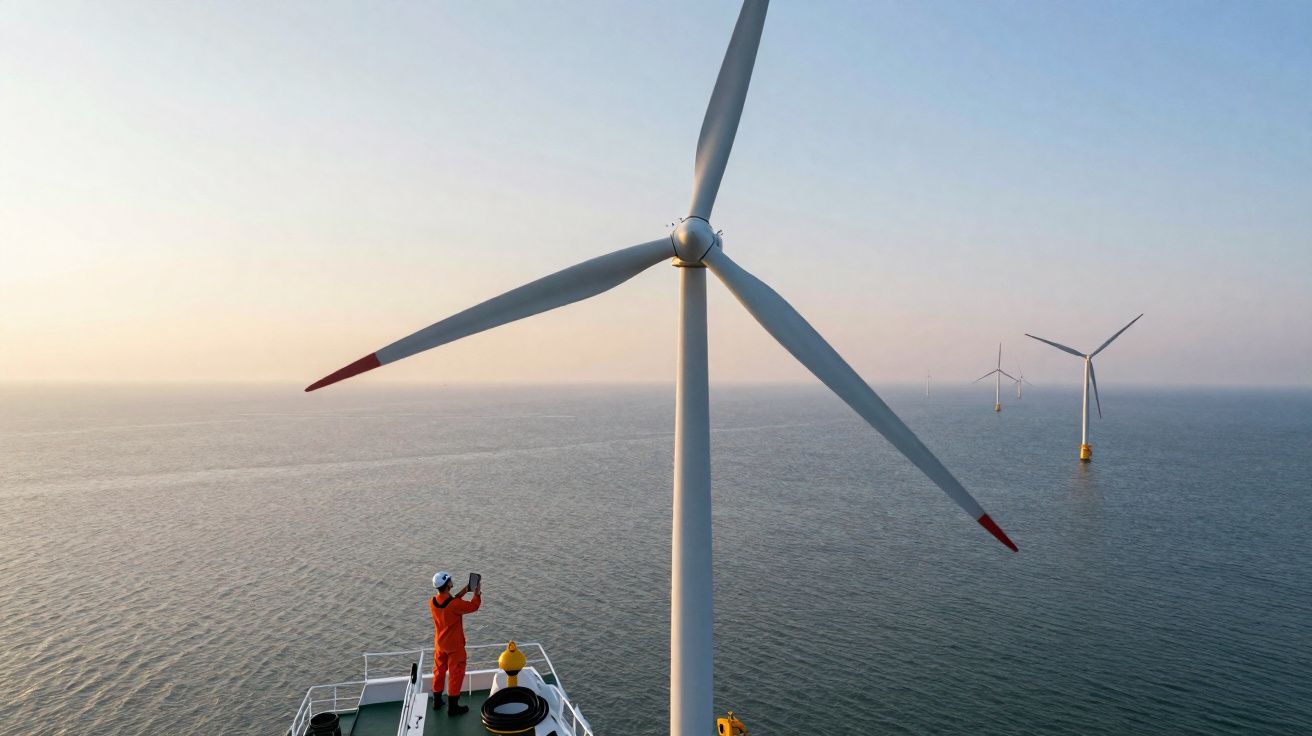 Parque eólico offshore com turbinas de vento no mar ao pôr do sol e trabalhador em barco a tirar fotos.