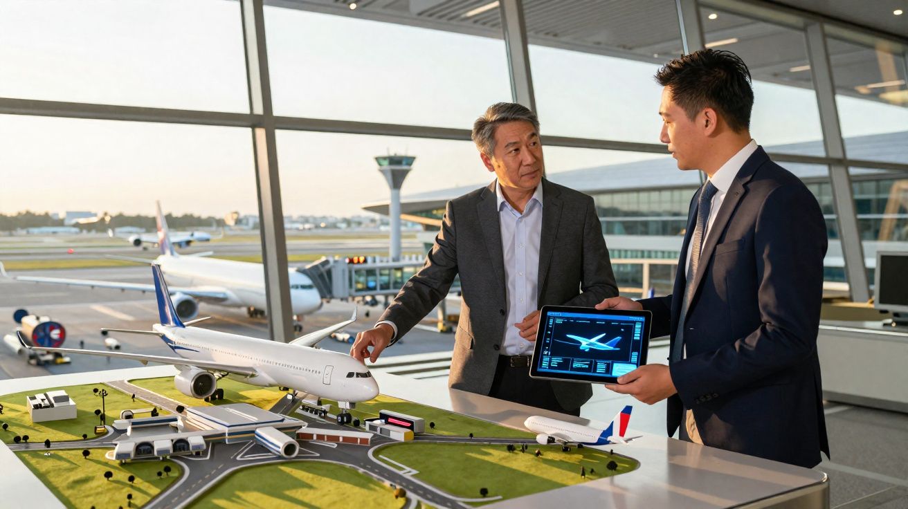 Dois homens em fato discutem plano de aeroporto com modelo de avião e tablet numa sala com vista para pista.