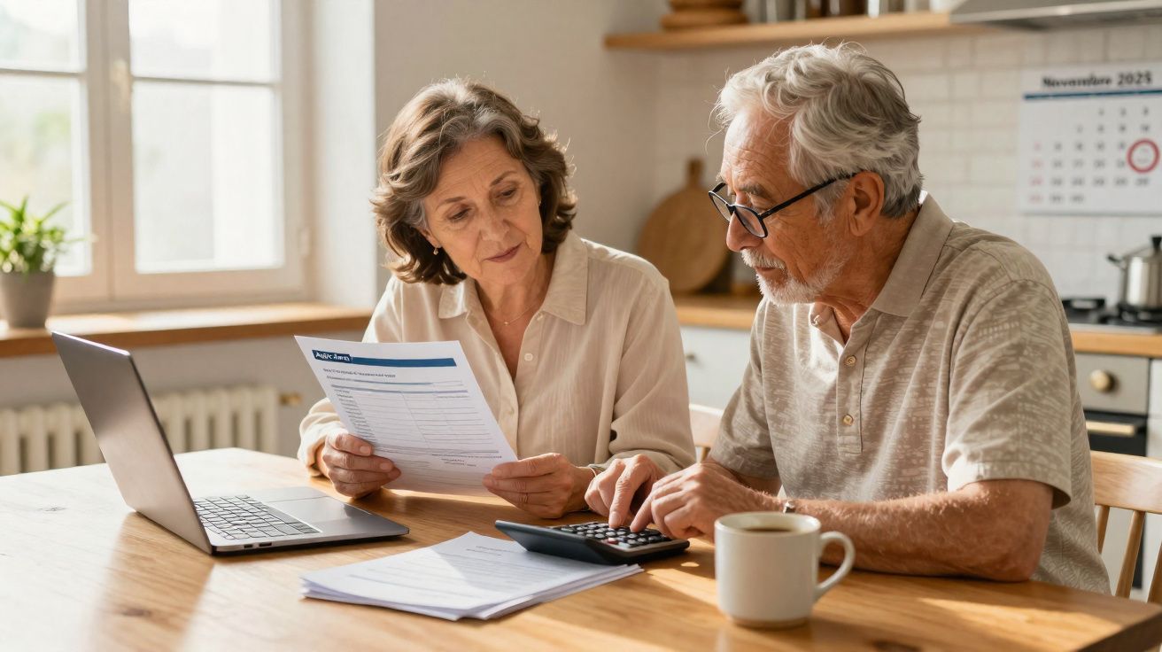 Casal sénior sentado à mesa em casa a analisar documentos e a usar calculadora e computador portátil.