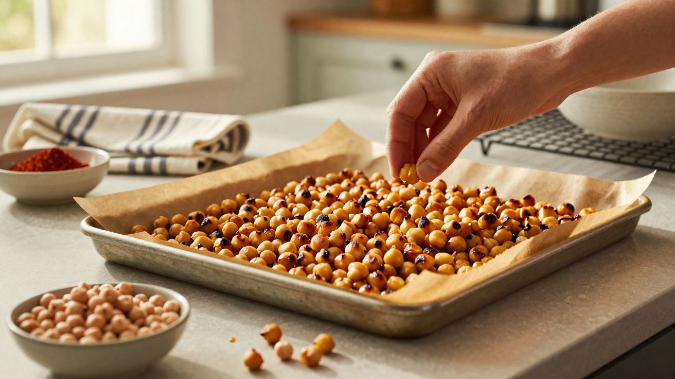 Mão a apanhar grão-de-bico tostado numa tabuleiro com grão cru e especiarias ao lado num balcão de cozinha.