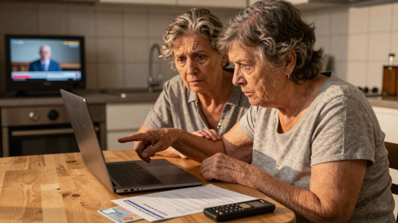 Duas mulheres idosas sentadas à mesa em casa, analisando documentos e um computador portátil, com televisão ligada ao fundo.