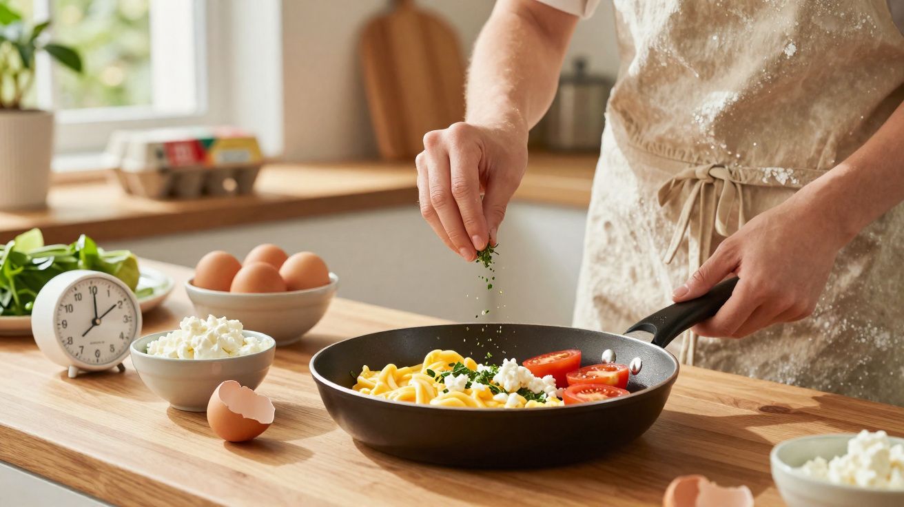 Pessoa a temperar massa com tomate e queijo fresco numa frigideira numa cozinha luminosa.