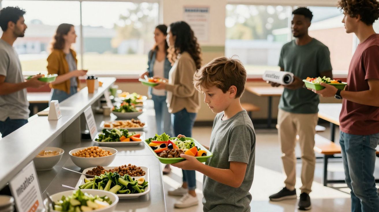 Criança e jovens a escolherem saladas num buffet escolar com várias opções de legumes e pratos saudáveis.