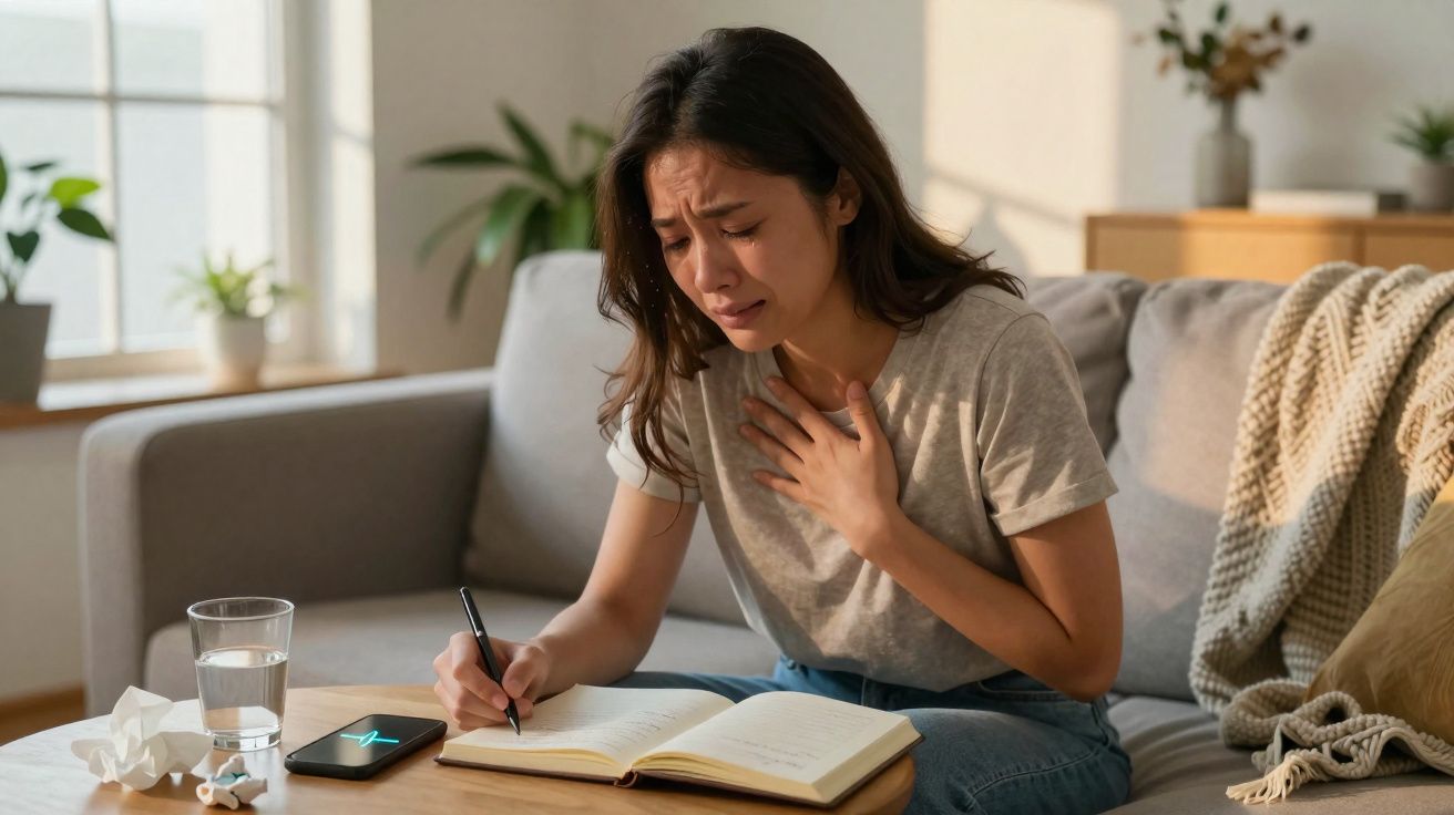 Mulher sentada no sofá com expressão de dor no peito, escrevendo num caderno à mesa.
