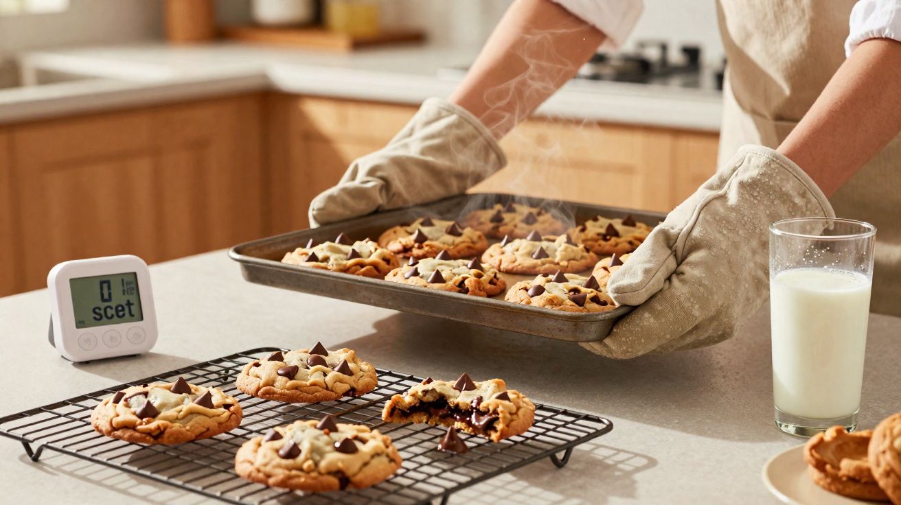 Pessoa a retirar tabuleiro com cookies quentes do forno, ao lado de timer digital e copo de leite na bancada.