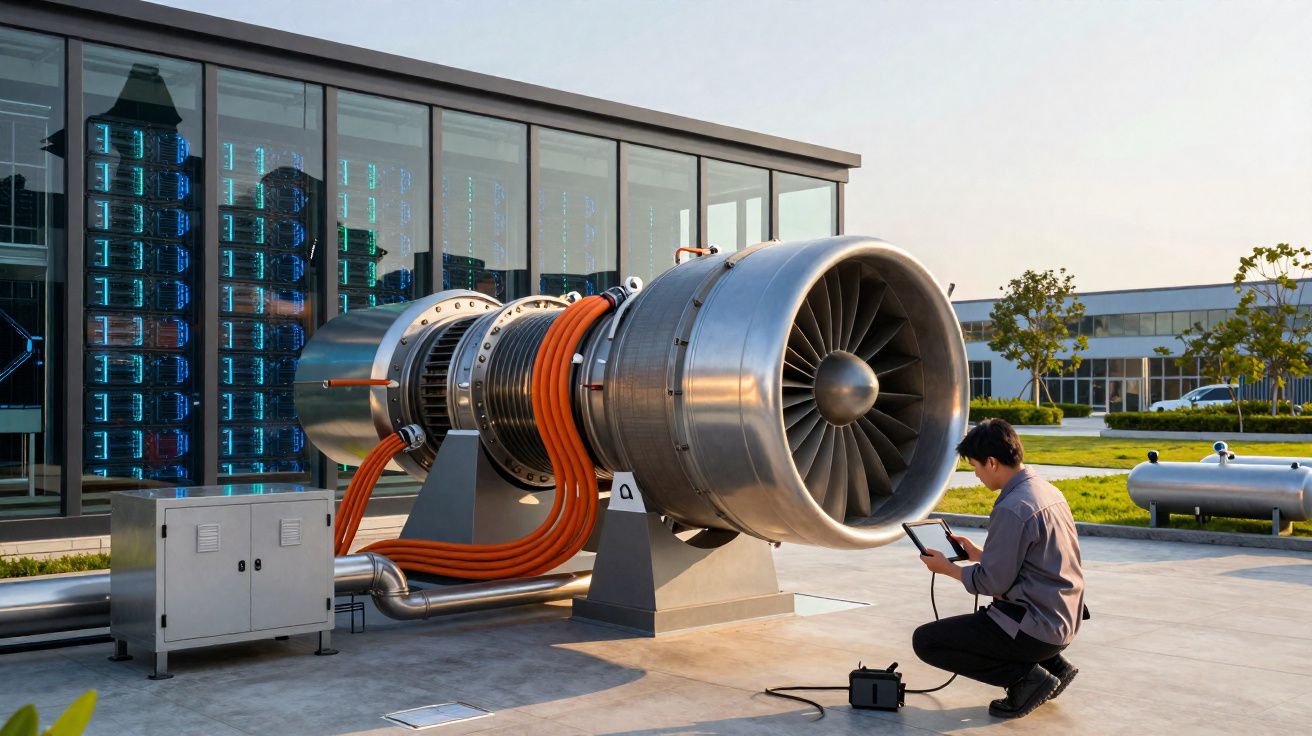 Homem a trabalhar num tablet junto a uma grande turbina ao ar livre, com edifícios modernos ao fundo.
