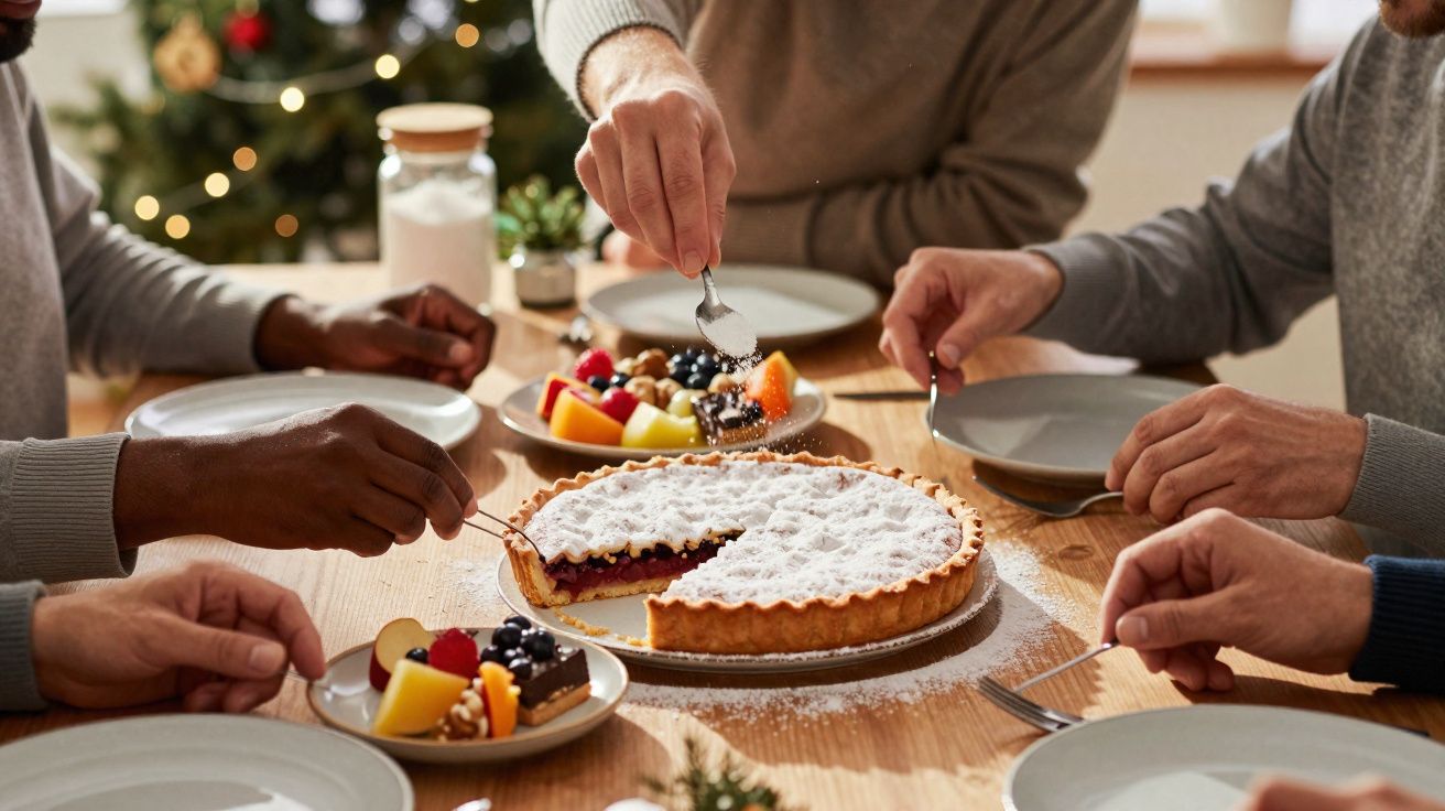 Pessoas a servir tarte polvilhada com açúcar em pó e frutas variadas numa mesa de madeira decorada.