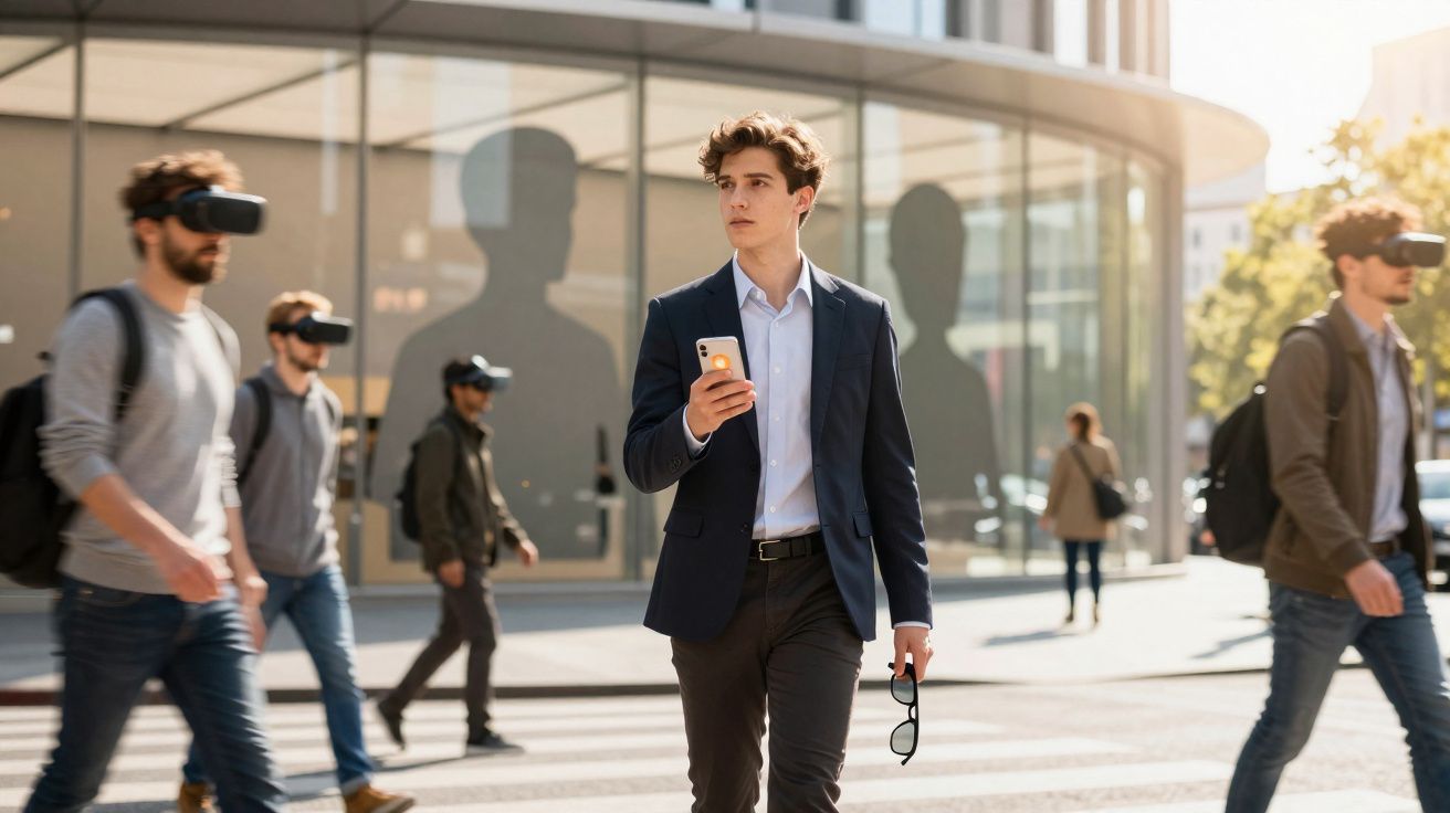 Jovem de fato a andar na rua com telemóvel na mão, rodeado de pessoas com óculos de realidade virtual.